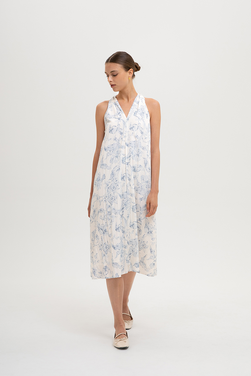 RAYLA FLORAL PRINTED HALTER MIDI DRESS W SASH