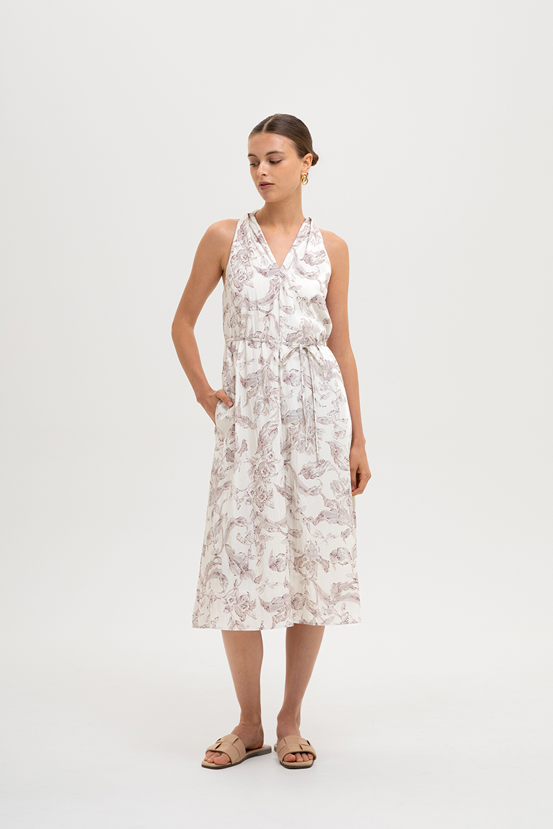 RAYLA FLORAL PRINTED HALTER MIDI DRESS W SASH