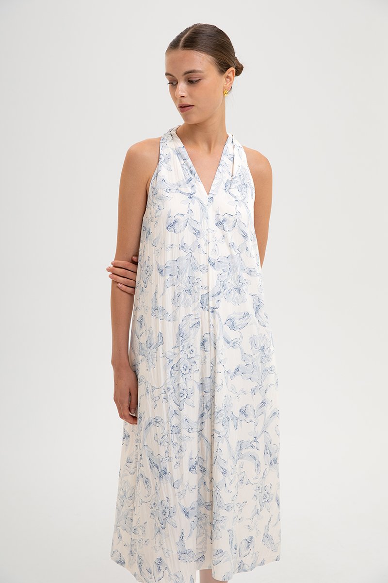 RAYLA FLORAL PRINTED HALTER MIDI DRESS W SASH
