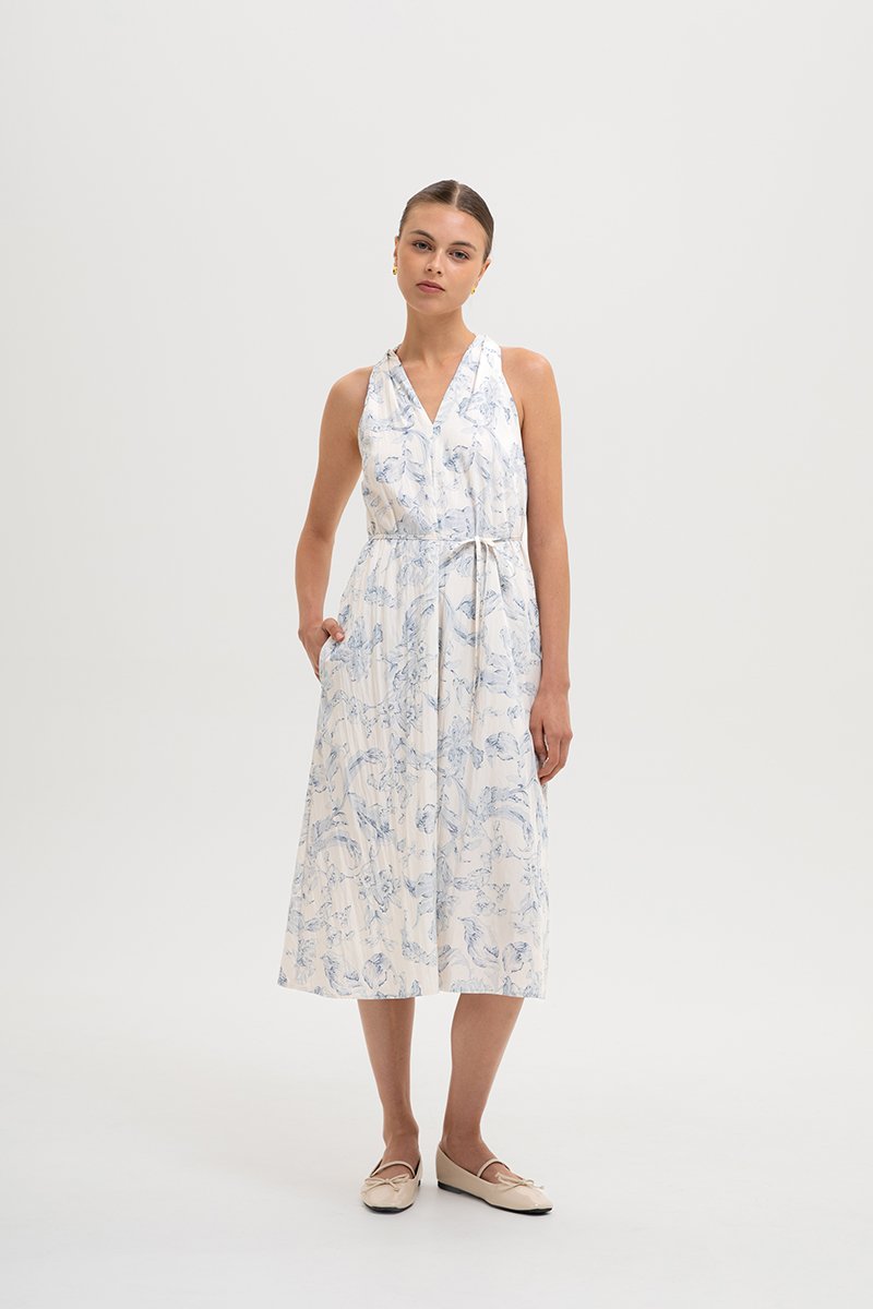 RAYLA FLORAL PRINTED HALTER MIDI DRESS W SASH