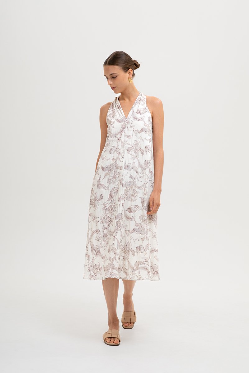 RAYLA FLORAL PRINTED HALTER MIDI DRESS W SASH