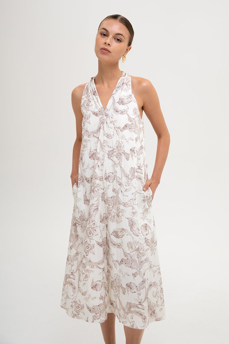 RAYLA FLORAL PRINTED HALTER MIDI DRESS W SASH