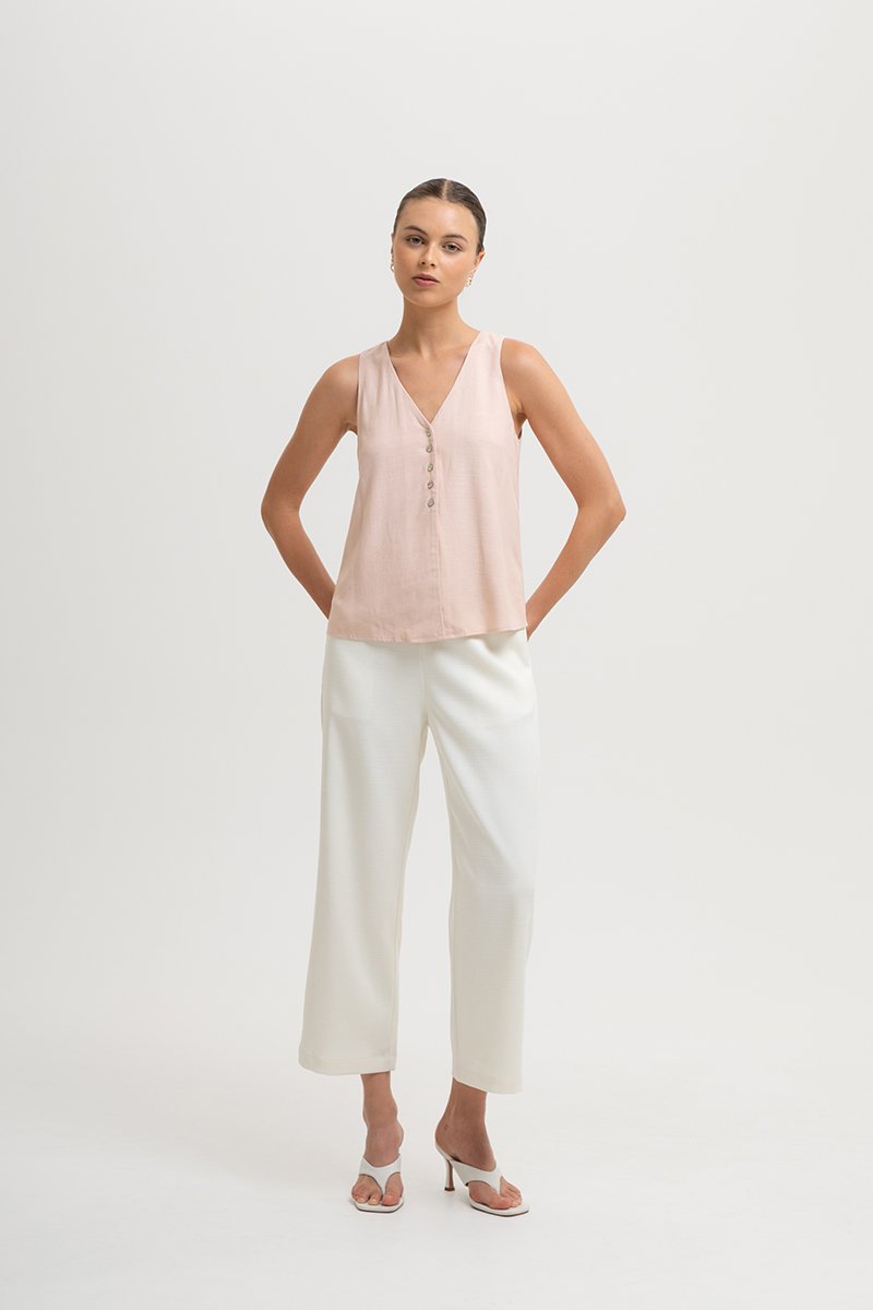 HEATHER SLEEVELESS BUTTONDOWN LINEN TOP