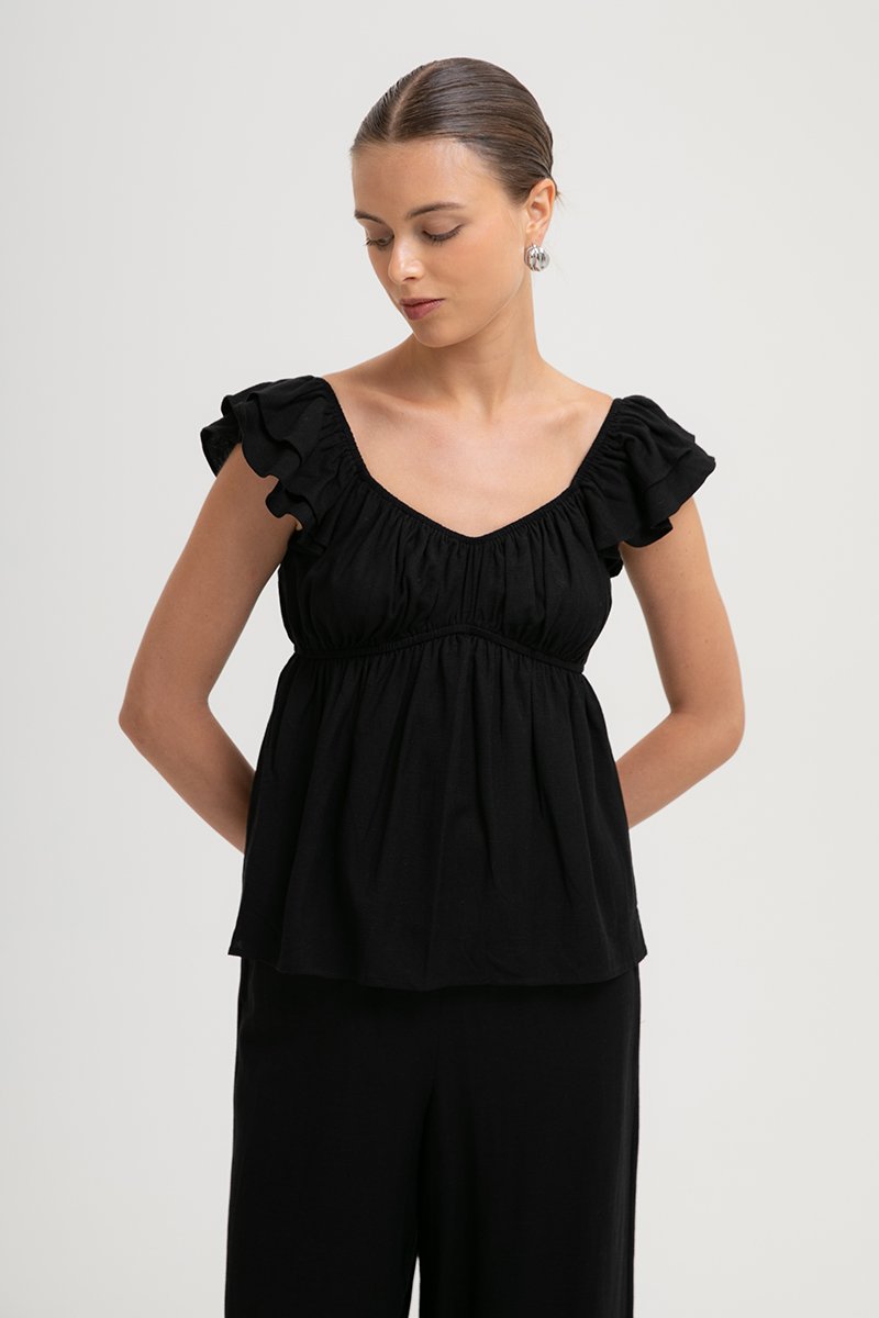 GABY FLUTTER SLEEVE BABY DOLL LINEN TOP