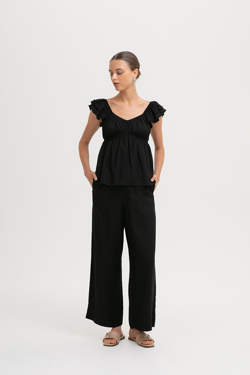 GABY FLUTTER SLEEVE BABY DOLL LINEN TOP