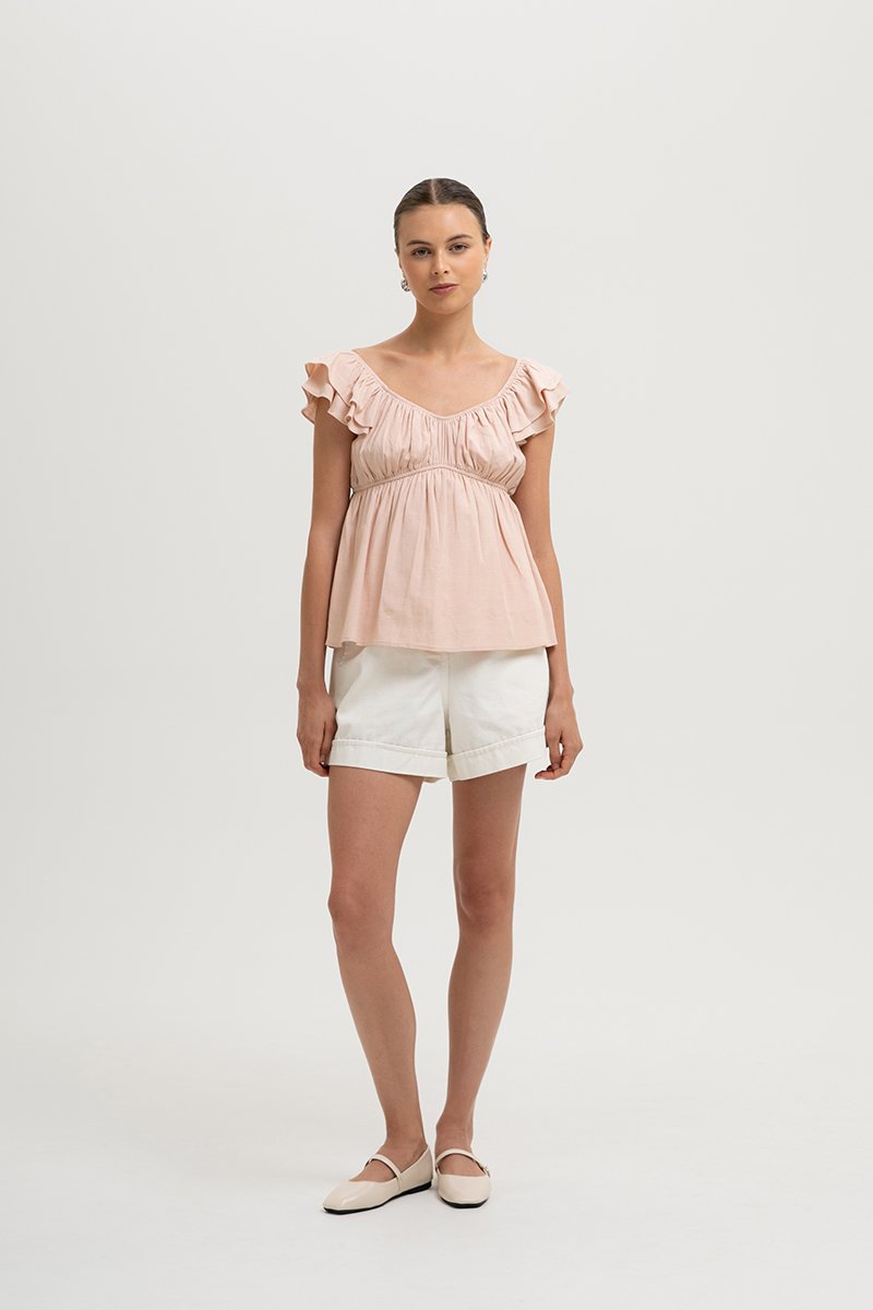 GABY FLUTTER SLEEVE BABY DOLL LINEN TOP