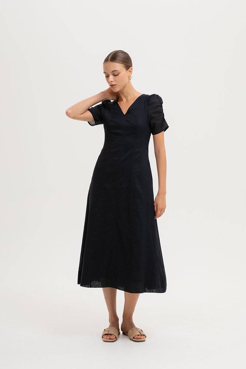 RAQUEL PUFF SLEEVE PANELLED LINEN DRESS