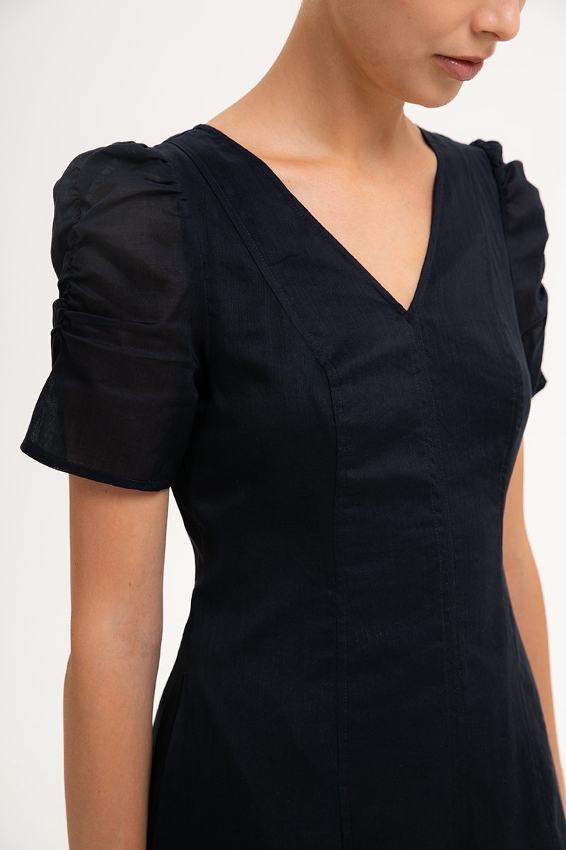 RAQUEL PUFF SLEEVE PANELLED LINEN DRESS