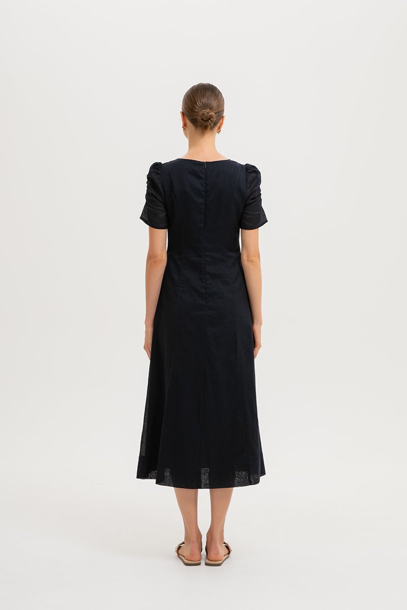 RAQUEL PUFF SLEEVE PANELLED LINEN DRESS