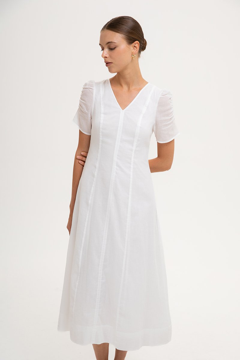 RAQUEL PUFF SLEEVE PANELLED LINEN DRESS