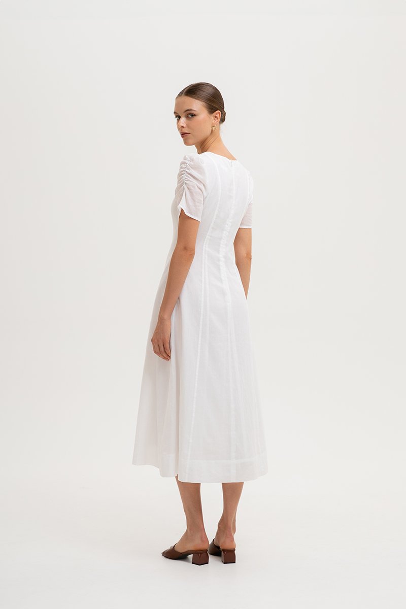 RAQUEL PUFF SLEEVE PANELLED LINEN DRESS