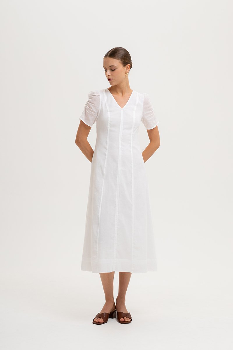 RAQUEL PUFF SLEEVE PANELLED LINEN DRESS