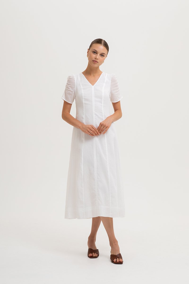 RAQUEL PUFF SLEEVE PANELLED LINEN DRESS