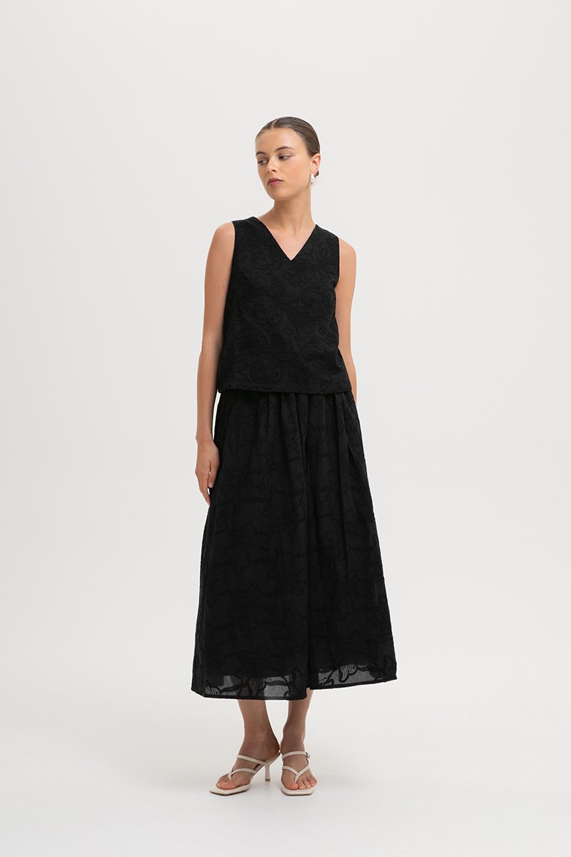 MARLI EMBROIDERED FLARE MAXI SKIRT