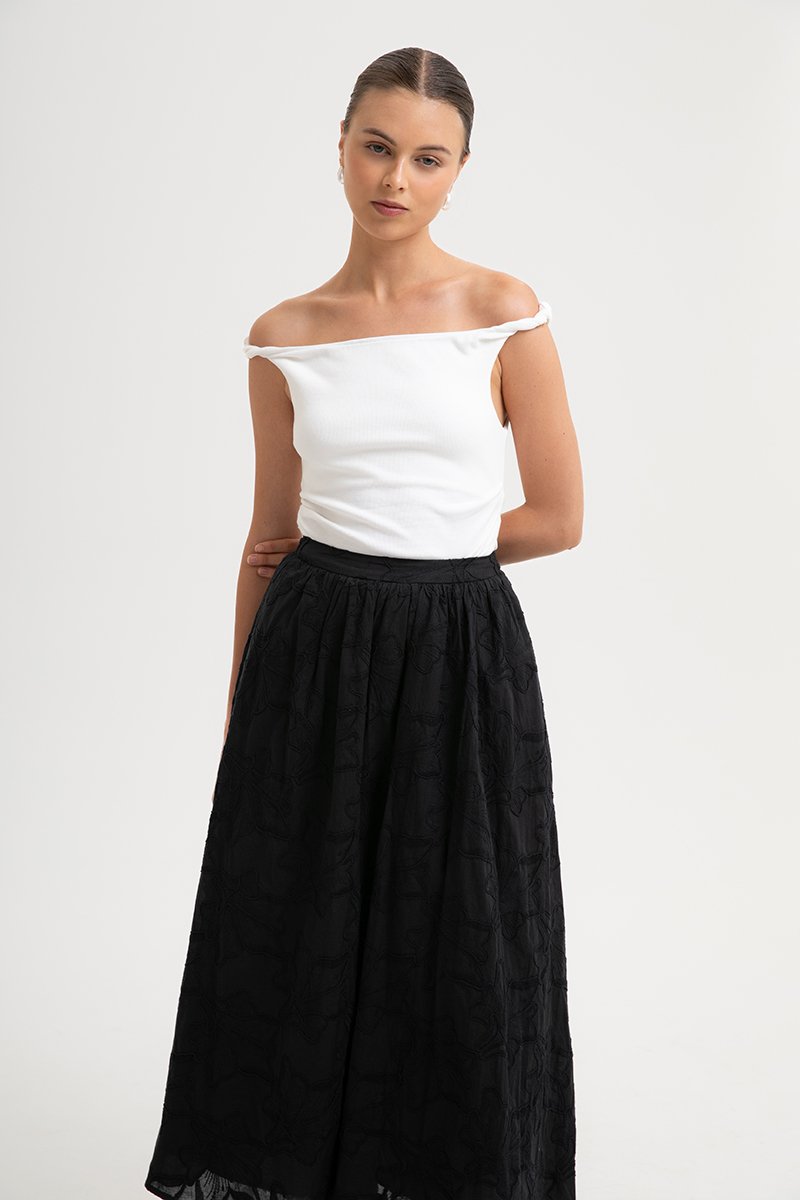 MARLI EMBROIDERED FLARE MAXI SKIRT