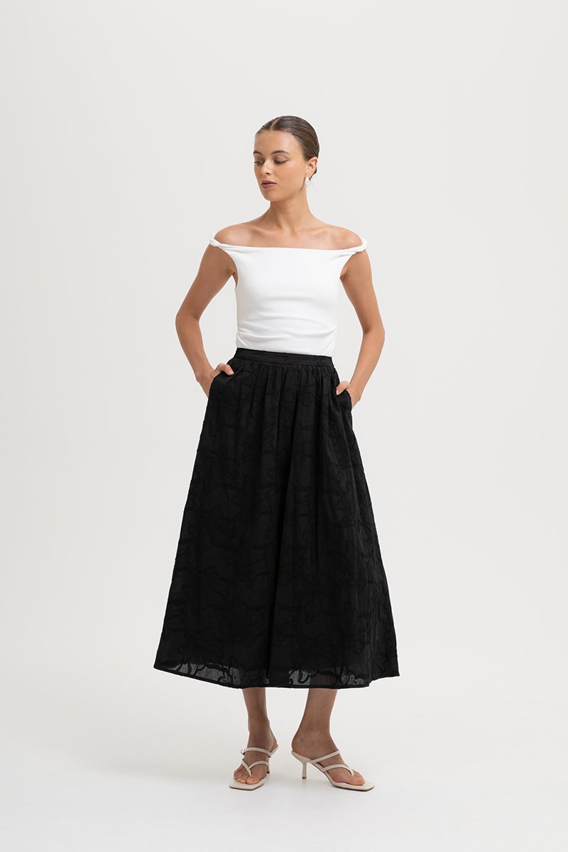 MARLI EMBROIDERED FLARE MAXI SKIRT