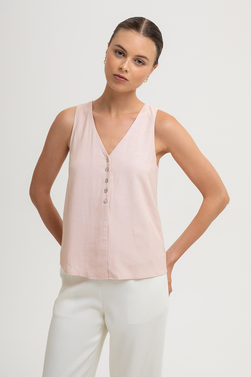 HEATHER SLEEVELESS BUTTONDOWN LINEN TOP