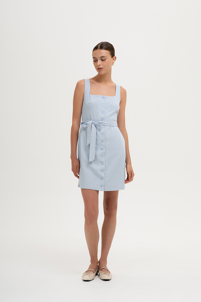 CALLIA BUTTONDOWN SHORT LINEN DRESS W SASH
