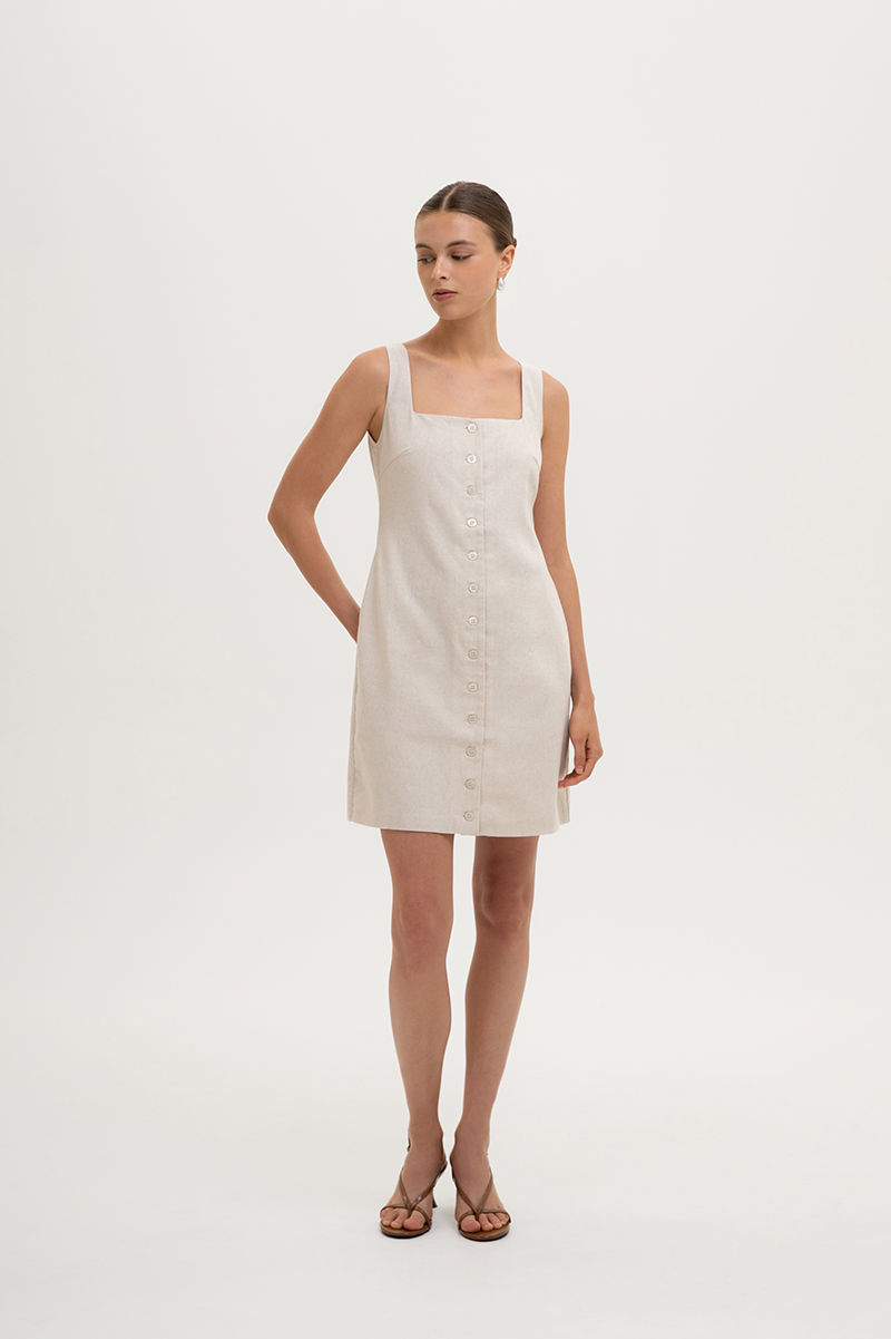 CALLIA BUTTONDOWN SHORT LINEN DRESS W SASH
