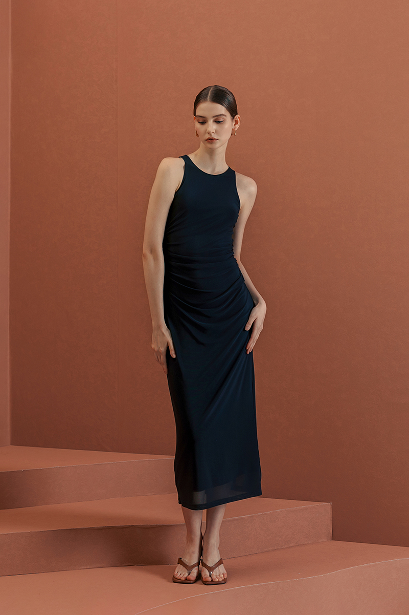 LYKKA RUCHED MESH MAXI DRESS