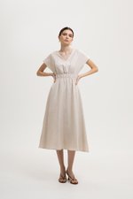 REGINA RUCHED WAIST LINEN MIDI DRESS
