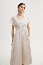 REGINA RUCHED WAIST LINEN MIDI DRESS