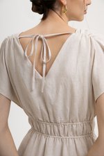 REGINA RUCHED WAIST LINEN MIDI DRESS