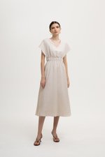 REGINA RUCHED WAIST LINEN MIDI DRESS