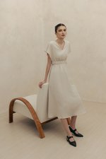 REGINA RUCHED WAIST LINEN MIDI DRESS