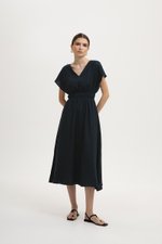 REGINA RUCHED WAIST LINEN MIDI DRESS