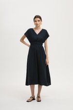 REGINA RUCHED WAIST LINEN MIDI DRESS