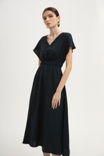 REGINA RUCHED WAIST LINEN MIDI DRESS