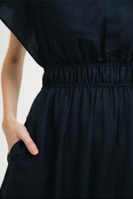 REGINA RUCHED WAIST LINEN MIDI DRESS