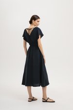 REGINA RUCHED WAIST LINEN MIDI DRESS