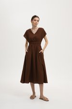 REGINA RUCHED WAIST LINEN MIDI DRESS