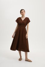 REGINA RUCHED WAIST LINEN MIDI DRESS