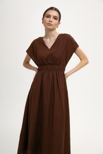 REGINA RUCHED WAIST LINEN MIDI DRESS