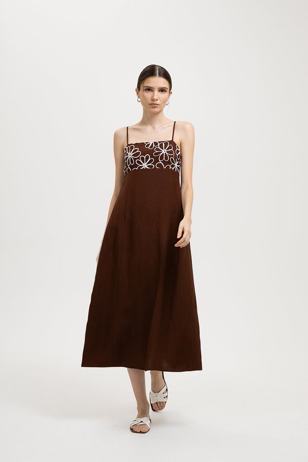 IRISA CONTRAST FLORAL EMBROIDERY MAXI LINEN DRESS