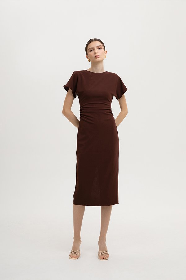 CAMELLIA RUCHED MIDI DRESS