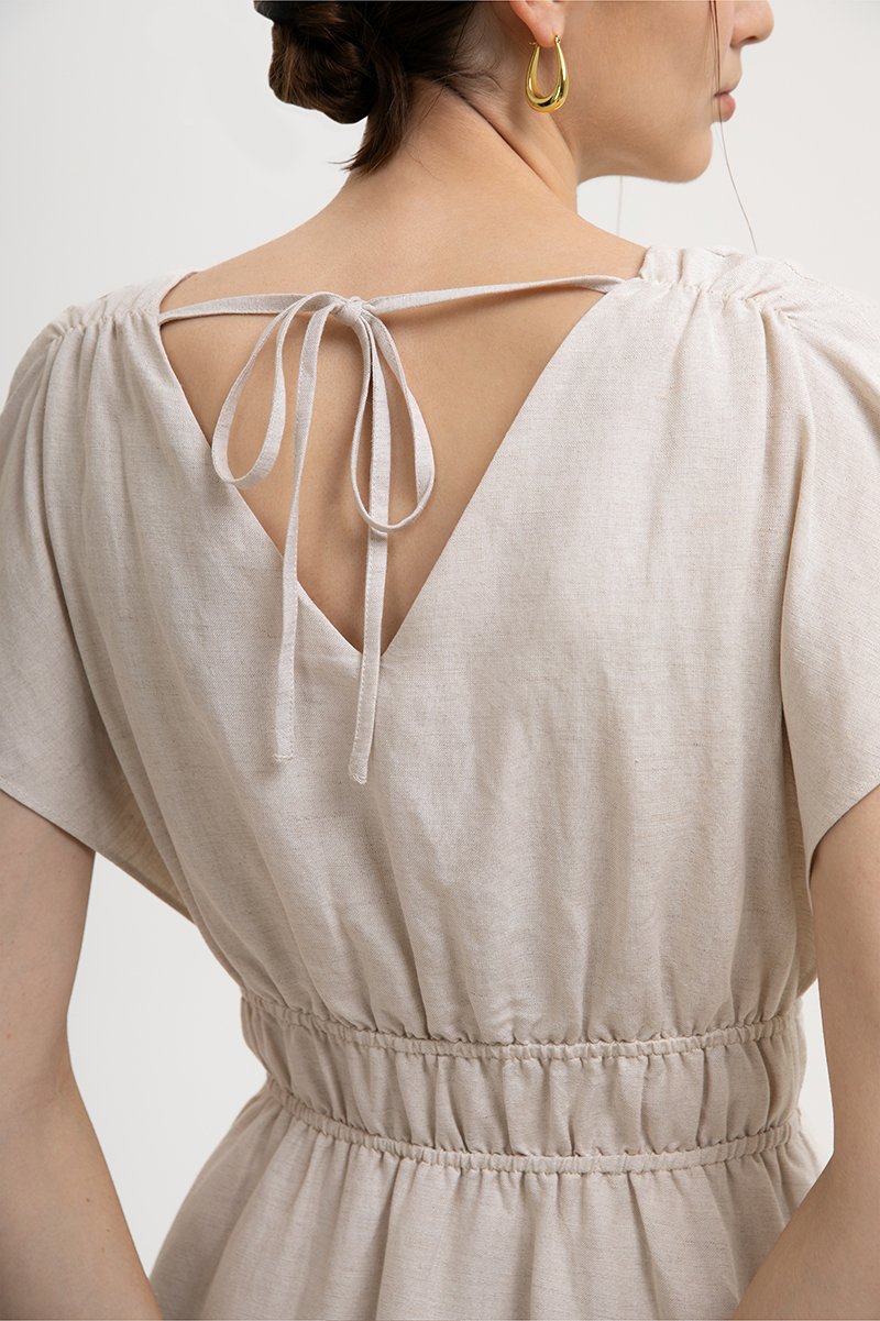 REGINA RUCHED WAIST LINEN MIDI DRESS