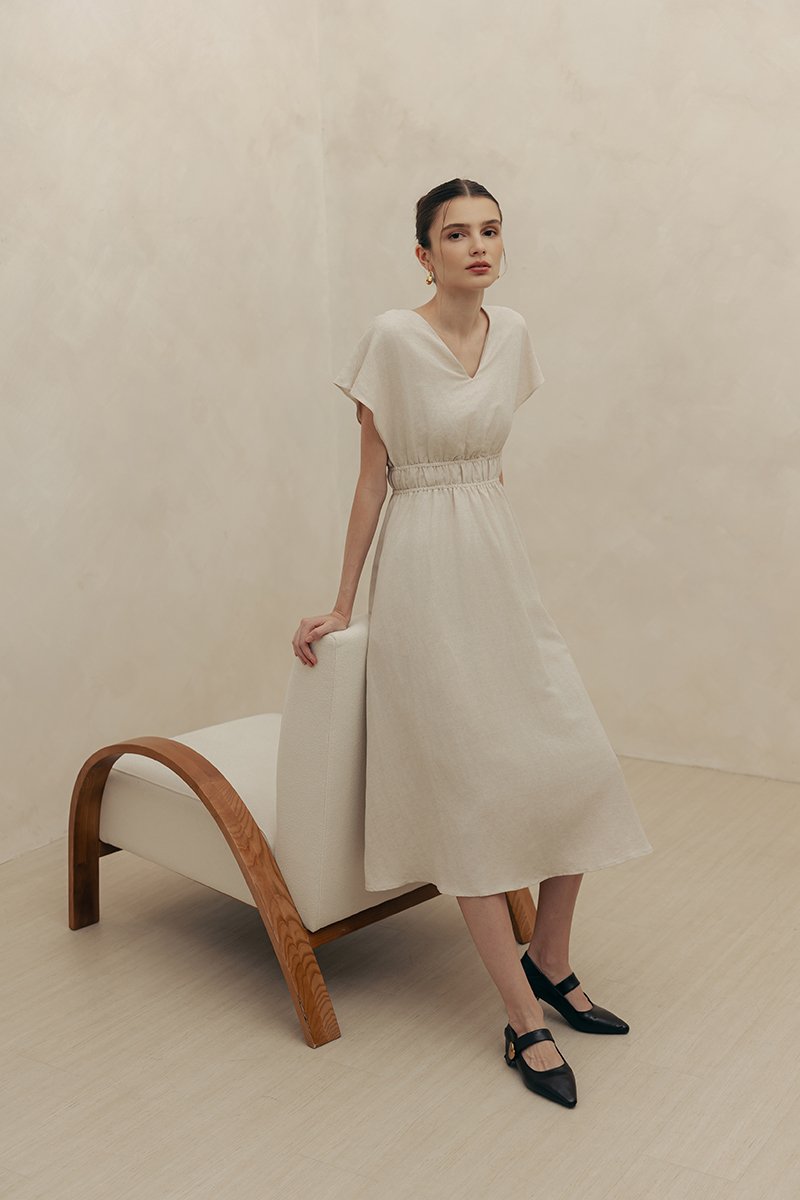 REGINA RUCHED WAIST LINEN MIDI DRESS