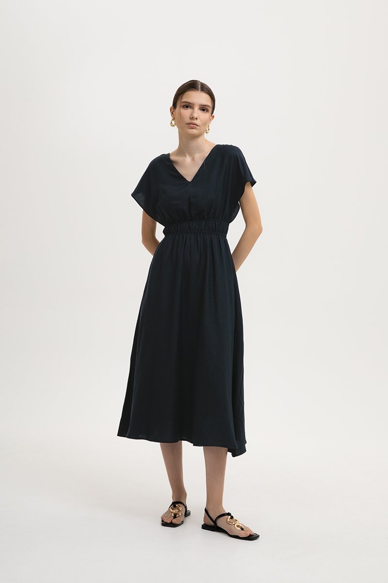 REGINA RUCHED WAIST LINEN MIDI DRESS