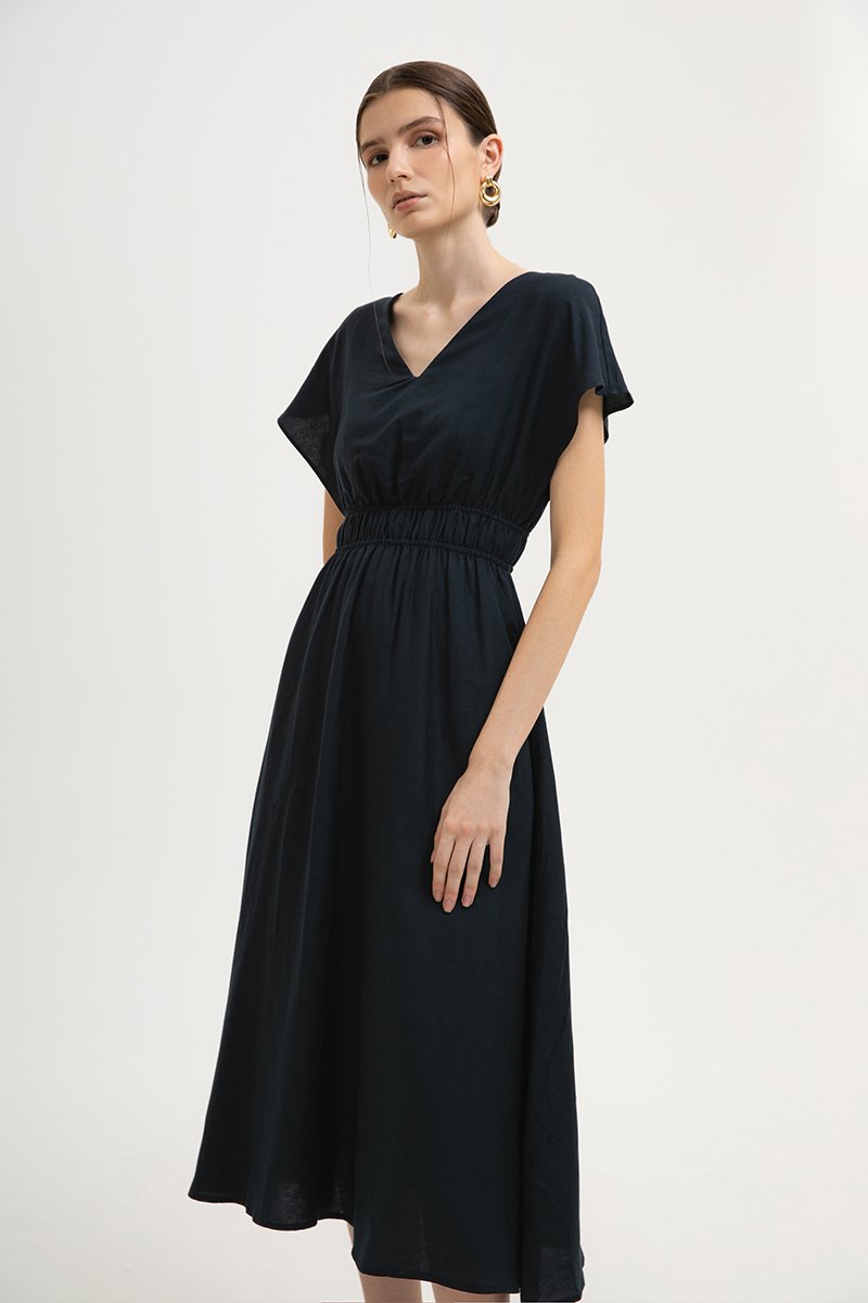 REGINA RUCHED WAIST LINEN MIDI DRESS
