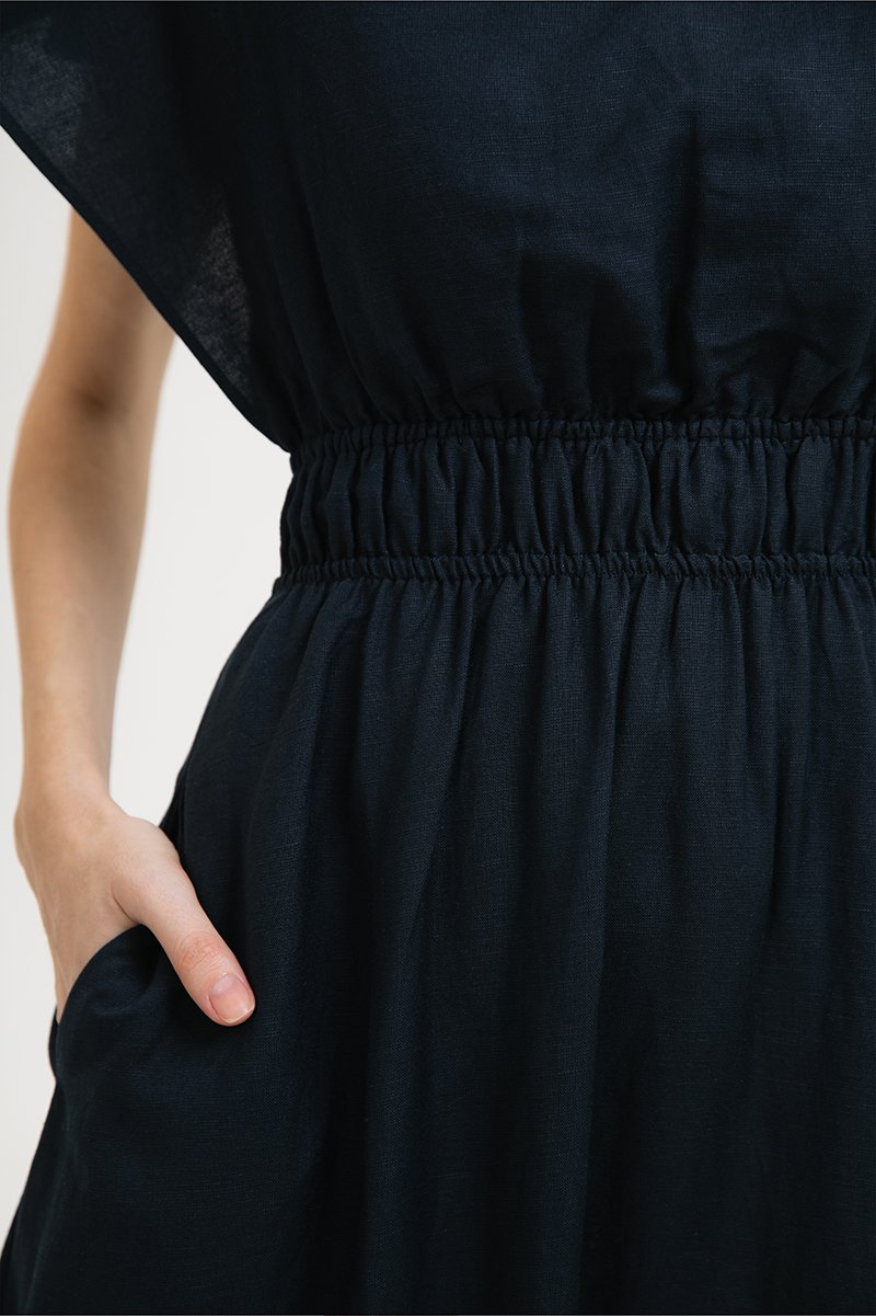 REGINA RUCHED WAIST LINEN MIDI DRESS