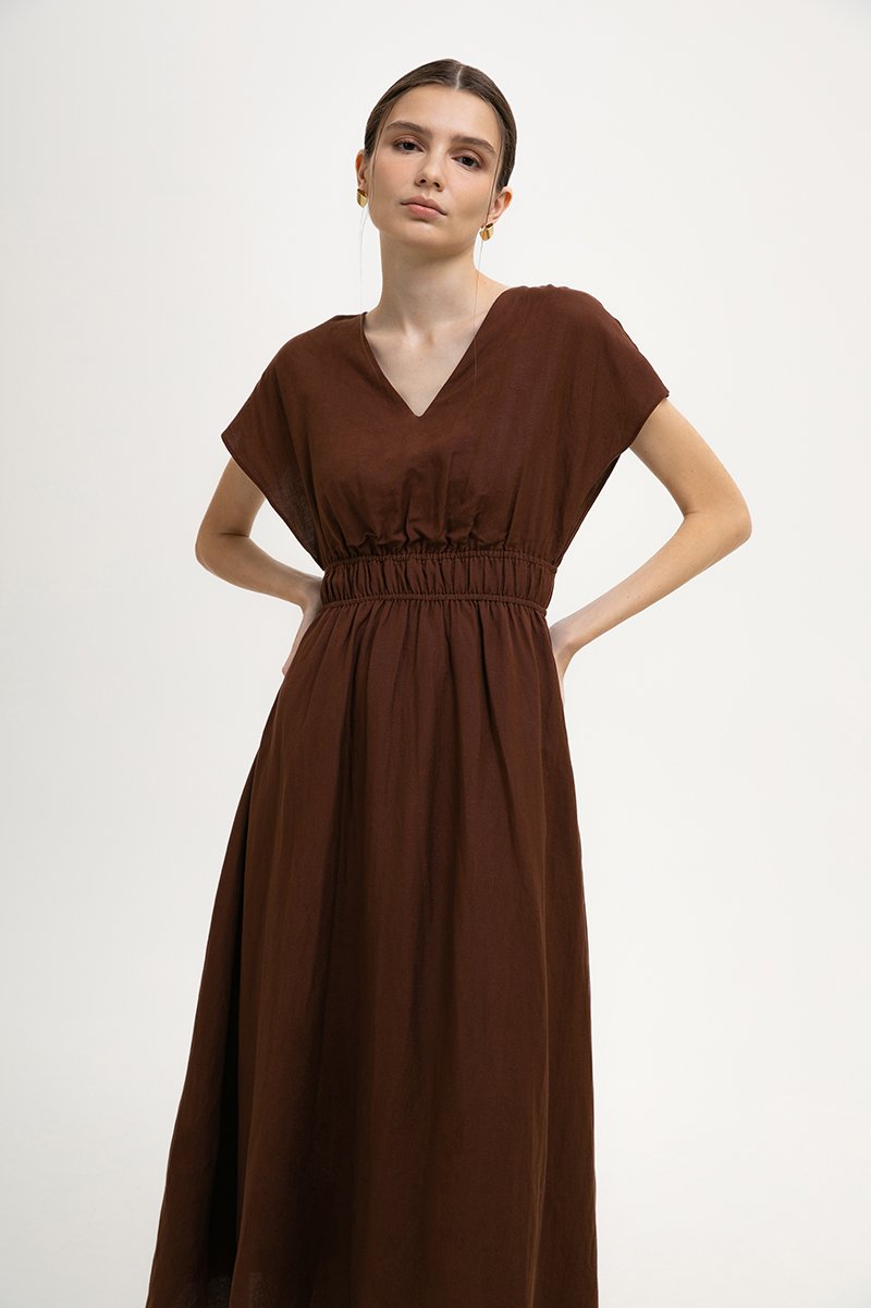 REGINA RUCHED WAIST LINEN MIDI DRESS