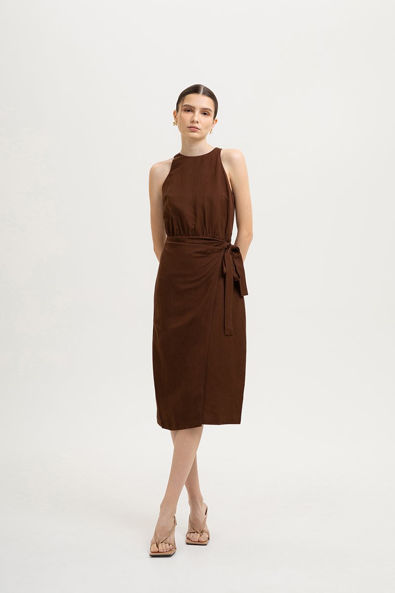 DIANNA WRAP LINEN MIDI DRESS