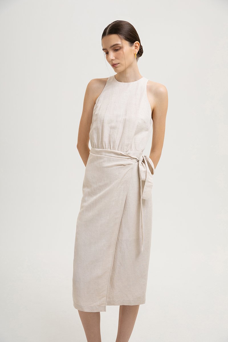 DIANNA WRAP LINEN MIDI DRESS
