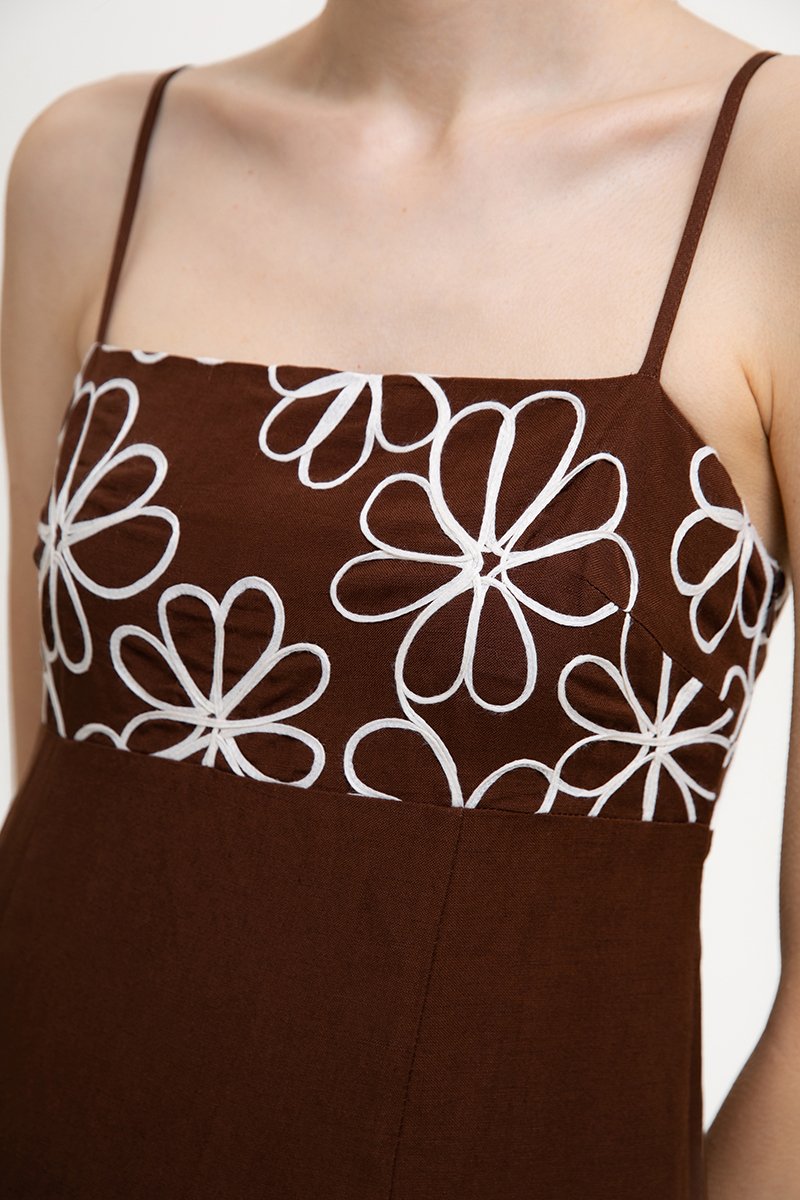 IRISA CONTRAST FLORAL EMBROIDERY MAXI LINEN DRESS