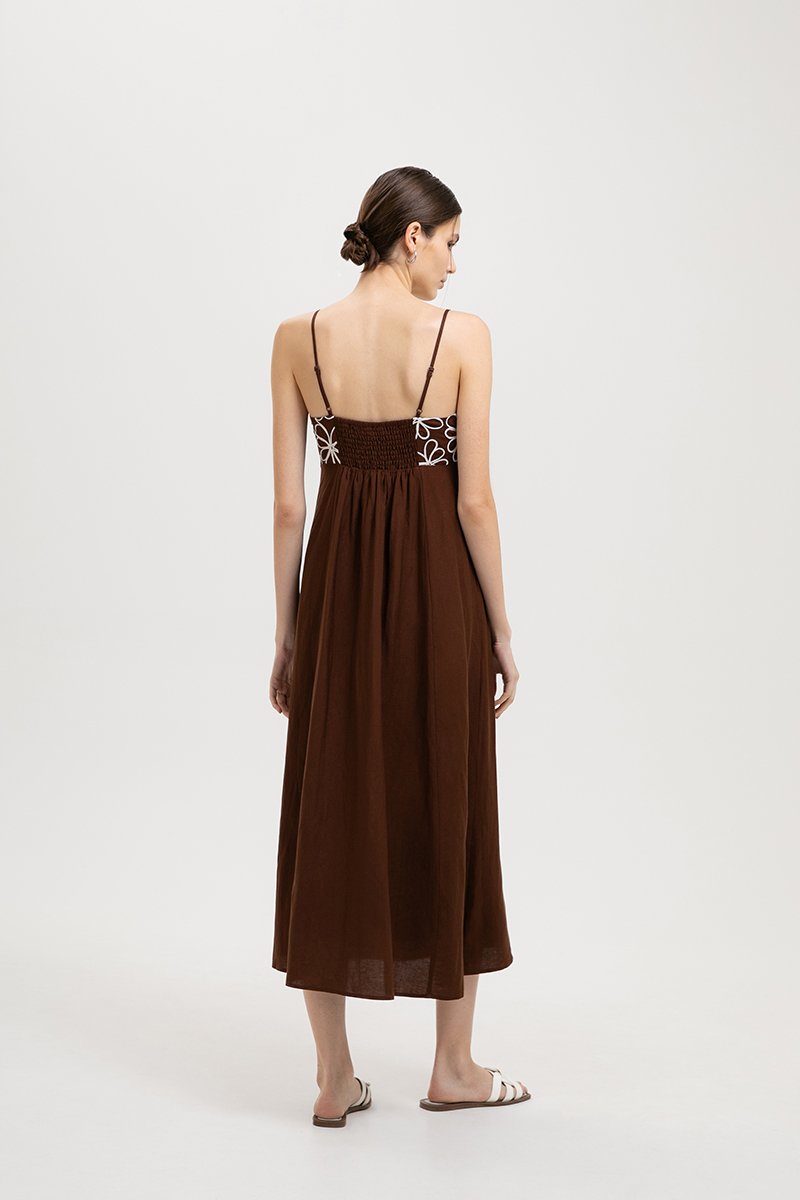 IRISA CONTRAST FLORAL EMBROIDERY MAXI LINEN DRESS