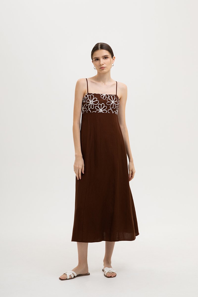 IRISA CONTRAST FLORAL EMBROIDERY MAXI LINEN DRESS